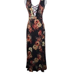 Y2K Vintage Maxi Dress Women Medium Floral Double Split Brown Lace Front Read